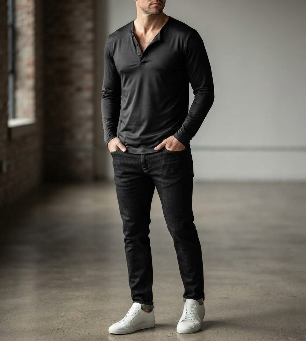 CUTS Clothing Pyca Pro Long Sleeve Henley Shirt Black Minimalist Athleisure L